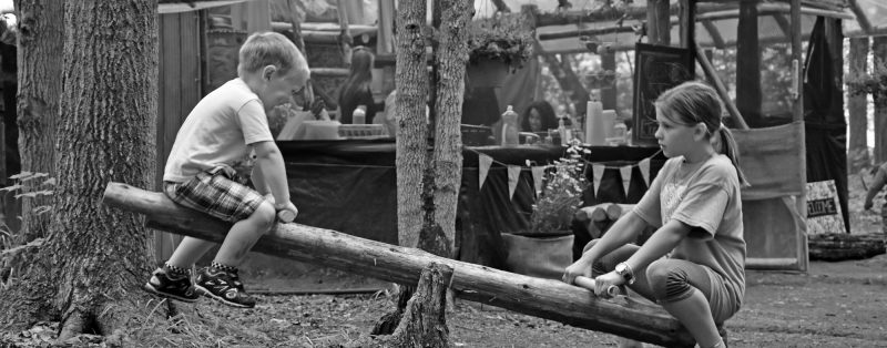 kids playing in the woods on a wooden, homemade teeter-totter