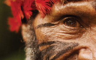 tribal man's face in feathers and paint