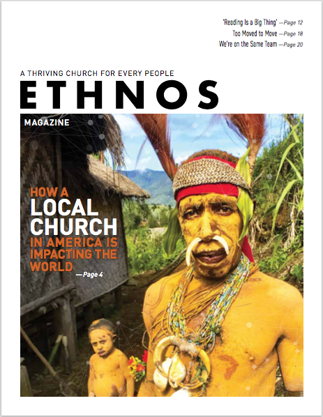 Ethnos Magazine March 2019 cover - two tribal people in traditional ceremonial garb - painted yellow and festooned with beads and feathers