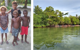 children and boats docked beside a river